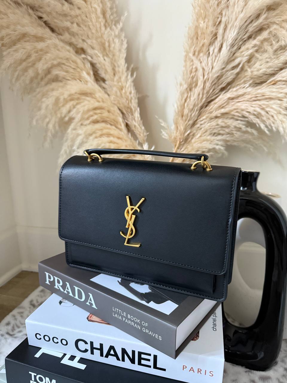 Classic Designer Inspired Crossbody Bag - Medium Size - Black and Pebbled Style