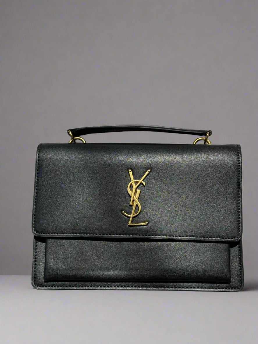 Classic Designer Inspired Crossbody Bag - Medium Size - Black and Pebbled Style