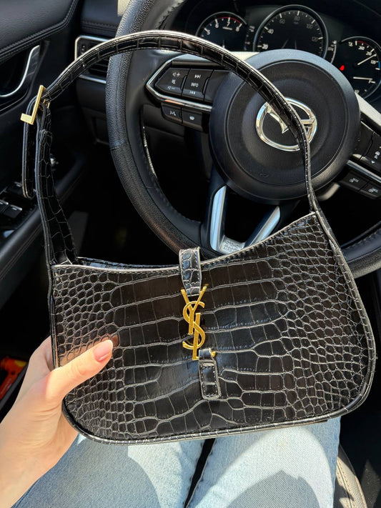 Luxury Petite Shoulder Bag - Small Size - Black and Croc Inspired Finish